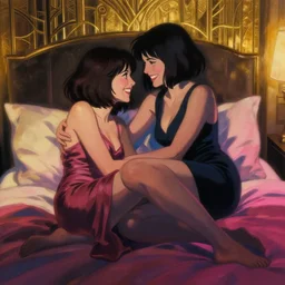dreamy, atmospheric painting showing olivia munn and woman journalist alex wagner happily entwined in an art deco hotel bed, chin - length bob hairstyles, dramatic gold, pink and blue lighting, sultry, sensual, vargas, elvgren, loish, rhads, beeple, makoto shinkai, lois van baarle, blade runner!