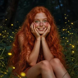 infp young woman, smiling amazed, golden fireflies lights, sitting in the midst of nature fully covered, long loose red hair, intricate linework, green eyes, small nose with freckles, oval shape face, realistic, expressive emotions, dramatic lights mystical scene, hyper realistic ultrafine art by michael cheval, jessica rossier, boris vallejo, artgerm