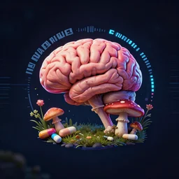 awesome logo of a brain and mushroom and pills with dark techno. synthwave colours, in the style of spirited away, hyperrealism, lush detail, award winning, trending on behance