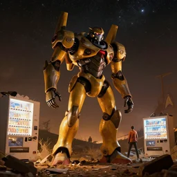 a large mecha in a field of destroyed vending machines, underneath a star filled night sky, moebius, warm coloured, maschinen krieger, beeple, star trek, star wars, film, atmospheric perspective