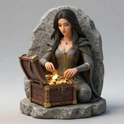 full body hearthstone official professional art, with realistic beautiful body & face & eyes. important : a sorceress opening a chest full of gold.