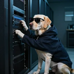 a labrador retriever being a hacker, hacking into the mainframe, wearing sunglasses and a dark coat in a dark room