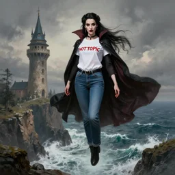 a hyperdetailed matte painting of yennefer as a goth vampire princess floating in front of a tower, dressed in a contemporary t shirt and jeans from hot topic, overlooking cliffs and crashing waves in the background, highly detailed, deep focus, elegant, digital painting, sharp focus, ultra realistic, 8 k, art by greg rutkowski and rembrandt and alphonse mucha