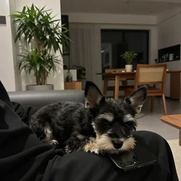 a small black dog, white face, lying down in owner ’ s lap, house plants and wood furniture in the background, modern house, indoors, dim light, photograph, 4 k, shot on iphone, for a catalogue, blurry background