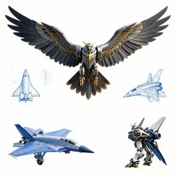 a mechanized falcon with wings spread out, orthographic view, top down view, bottom view, side view, blueprints, macross, mecha, jet fighter, space shuttle, robotic, highly detailed, artstation, super realistic, unreal engine