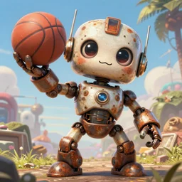 An epic fantasy comic book style portrait painting of a cute little robot, rusty components, holding a basketball, very expressive, awesome pose, character design by Mark Ryden and Pixar and Hayao Miyazaki, unreal 5, DAZ, hyperrealistic, octane render, cosplay, RPG portrait, dynamic lighting, intricate detail, summer vibrancy, cinematic