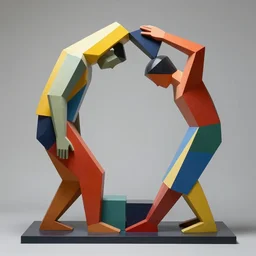 kinetic sculpture of the two humans bodies collapsing each other, colorful, contemporary art, masterpiece, peaceful, romantic, geometric, symetrical, symetrical composition