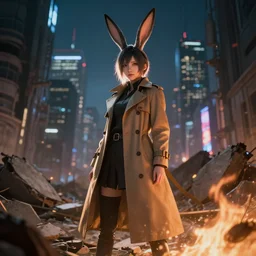 hyper realistic, advanced digital art, style of final + fantasy + 1 5, girl with rabbit - ears and a long trench coat standing among the rubble of a ruined city at night, gaussian blur, city reflection, 8 8 mm lens, lens flare, fire particle in front, depth of field, close up shot, rim lights wlop