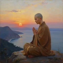 a stunning painting of a bald zen buddhist monk praying meditating!!! on a seaside mountain overlook at sunset by thomas kinkade and john atkinson grimshaw, matte painting, moody palette