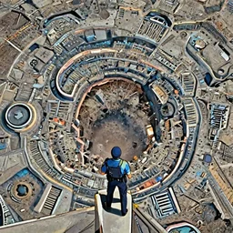 a futuristic police an standing on a ledge, looking down at a massive crater, cyberpunk, cinematic lighting, sci-fi movie still