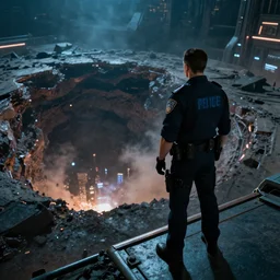 a futuristic police an standing on a ledge, looking down at a massive crater, cyberpunk, cinematic lighting, sci-fi movie still
