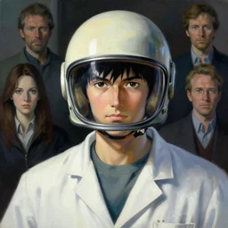 Portrait of a Scientist with helmet,  very coherent, painted by Edward Hopper, Wayne Barlowe, painted by James Gilleard, airbrush,  art by JamesJean and  fine details. Anime. realistic shaded lighting poster by  Ilya Kuvshinov katsuhiro otomo ghost-in-the-shell, magali villeneuve, artgerm, Jeremy Lipkin and Michael Garmash and Rob Rey