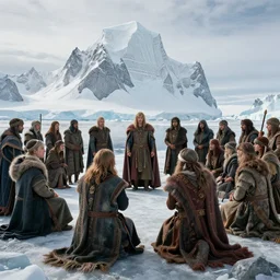 ancient dwellers holding a court in Antarctica, cinematic, establishing shot, extremely high detail, photorealistic, cinematic lighting, intricate line drawings, 8k resolution