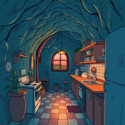 naive nerikomi, weird perspective, extra narrow, detailed vector art of a kitchen dim lit by flashlight in a scenic spiral environment by anton fadeev from lorax movie, trending artstation