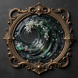 art nouveau cresting oil slick waves, hyperdetailed bubbles in a shiny iridescent oil slick wave, black opals, intricate bronze patina medieval ornament, rococo, organic rippling spirals, octane render, 8 k 3 d