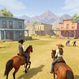 screenshot of gameplay game set in 1 8 3 8 old west showdown featuring african american and japanese cowboys and cowgirls in ghost town with buildings painted bright pastel colors, morning light with mountains in the background
