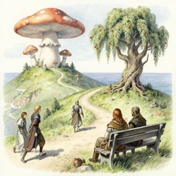 a final fantasy splash concept watercolor artwork of a celebration by those who are thankful for the inspiration from a mighty viking in far off lands by john avon | introspective meandering sci - fi fantasy endless path in the hills overlooking the coast with mushroom - willow - tree on shading a bench | colored - pencil drawing by thomas cole, terese nielsen, and edvard escher guay, magically shaped surrealism, trending on artstation