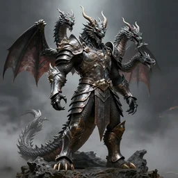 dragon king, draconic armor, multiple heads, tail, evil