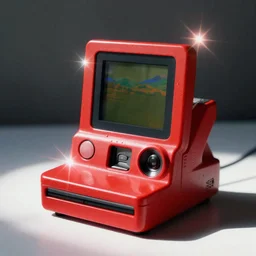 vintage analog polaroid product photography of a handheld game console, bright red, studio lighting, film grain, lensflare, color bleed, glare