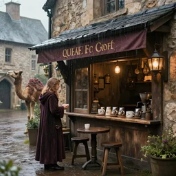 cinematic still of a medieval coffee shop in camelot, raining, beautiful, 4 k