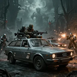 Armored and Armed Audi 80 B3 Avant (1988) with a mounted M249 with soldiers on, Dark Souls 3, Eldritch Horrors, Wretched and Corrupted Knights, Heavy Battle, Fight, Car vs Knight, gunshots fired, a grim fantasy, Anor Londo, dramatic lighting, cinematic, establishing shot, extremely high detail, photorealistic, cinematic lighting, artstation, by simon stalenhag