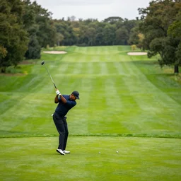 tiger woods playing golf, cinamatic, landscape, lush green, craig mullins
