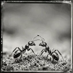 tintype photo, underwater, two ants fighting