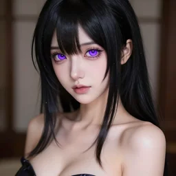 coy anime babe with glossy black hair, abs, glowing purple eyes, and soft skin