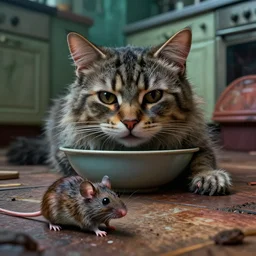 cinematic colorful horror artwork by artgerm, beksinski, mark brooks ; real life full portrait of furry cat resting by bowl ; kitchen floor. macro scale point of view of ugly furry mouse ground level ; scary, 8 k hdr, creepy intricate ; volumetric dramatic lighting, insanely detailed, haunting
