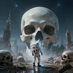 distant low angel photograph of an astronaut exploring a giant alien skull, alien city, alien skulls, fallen kingdom city ruins, science fiction, detailed space suit, cinematic, hypermaximalist, detailed, 4k, 8k, breathtaking stars, surrealism, distant, concept art, digital art, sharp focus, reflections, RTX, octane render, acid pixie, Trending on DeviantArt