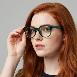 red head young woman with green ray ban glasses