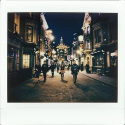 a street level Polaroid of a steampunk victorian city street, with people walking on the streets, at night