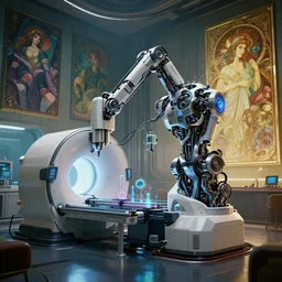 ( cyberpunk 2 0 7 7, bladerunner 2 0 4 9 ), a complex thick bifurcated robotic cnc surgical arm cybernetic symbiosis hybrid mri 3 d printer machine making a bio chemical lab, art by artgerm and greg rutkowski and alphonse mucha, biomechanical, lens orbs, global illumination, lounge, architectural, f 3 2,