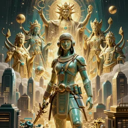 skyline cyberpunk city, ceramic bounty hunter cyberpunk in tribal regalia, an idea seep's into infinity highly detailed in volumetric latent space, golden turquoise, cinematic light, sharp focus, divine realm of gods, octane render,
