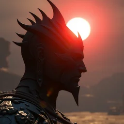 screenshot of a unique darksouls 3 npc, sideshot angle, close up, red sun in the background, stunning screenshot