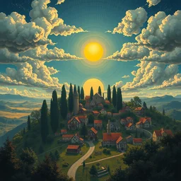 large village, clouds, wide shot, army of satan, sun come up, lucid, symetric, dreamistic, fluxication, volumetric lighting, near the beach, big trees by mc escher, colorized by salvador ross gogh