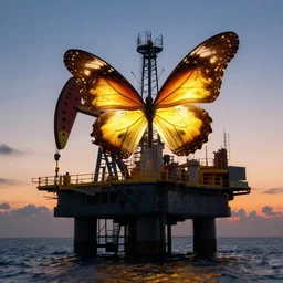 in the evening a large, glowing butterfly perches on an oil platform. by craig mullins