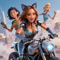 sci - fi pixar anime movie poster portrait photo of madison beer, jessica alba : : as woman cyborg wearing cat ears by weta, marvel, driving a futuristic motorcycle : : by greg rutkowski, wlop, ilya kuvshinov, rossdraws, artgerm, leeloo, rave makeup, unreal engine, sweaty, glitter, pearlescent, morning, disney, : :