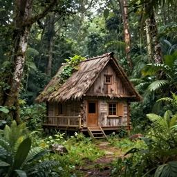 a small rustic wood house in the center of rainforest, highly detailed, digital painting, artstation, concept art, smooth, sharp focus, illustration, art by artgerm and greg rutkowski and alphonse mucha