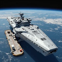 a heavy dreadnaught battle cruiser docked above Earth
