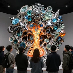 dslr phot of a group of people looking at an incredible thought - provoking sculpture made of molten steel and glass