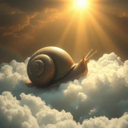 a gian snail overlord being shinned by god rays covering the center surrounded by giant clouds surrounding the snail