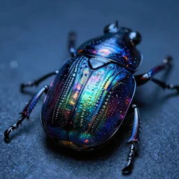 high quality close-up photo scarab jeweled iridescent highly detailed moody blue lighting low angle hd 8k sharp shallow depth of field