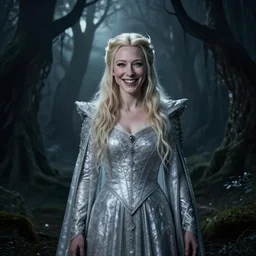 portrait of mischievous, dangerous young, smiling Galadriel (young Cate Blanchett) as a queen of fairies, dressed in a beautiful silver dress. The background is a dark, creepy eastern europen forrest.  night, horroristic shadows, high contrasts, lumnious, foggy effect,  photorealistic, dreamlike, mist filters, theatrical, character concept art by ruan jia, John Anster Fitzgerald, thomas kinkade, and J.Dickenson, trending on Artstation