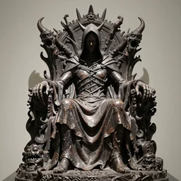 photo taken of an epic intricate, ultra detailed, super realistic sculpture of a hooded satanic figure sitting on a nightmarish throne, sculpture on display, created by weta workshop, photorealistic, sharp focus, f 0. 4, face centred, golden ratio