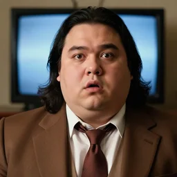 Close up portrait of a clean-shaven chubby man with long black hair wearing a brown suit and necktie with a television in the background. Photorealistic. Award winning. Dramatic lighting. Intricate details. UHD 8K. He looks shocked.