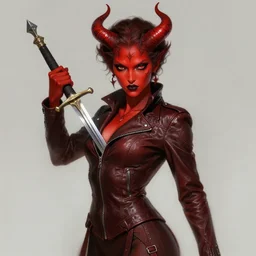 portrait of a female demon with red skin wearing a skintight leather jacket holding a sword!!, intricate, elegant, highly detailed, digital painting, artstation, concept art, smooth, sharp focus, illustration, art by artgerm and greg rutkowski and alphonse mucha, 8 k