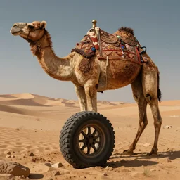 a detailed illustration showing how to  fix a tire on a camel