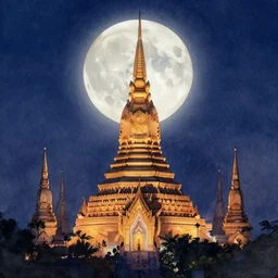 sukhothai in the full moon night, lighting from moonlight and torque s, watercolor, volumetric lighting,