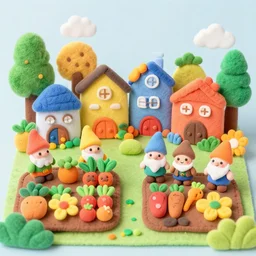 cute colorful vibrant clay town with felt trees and flowers, happy gnome villagers on a farm, felt vegetables